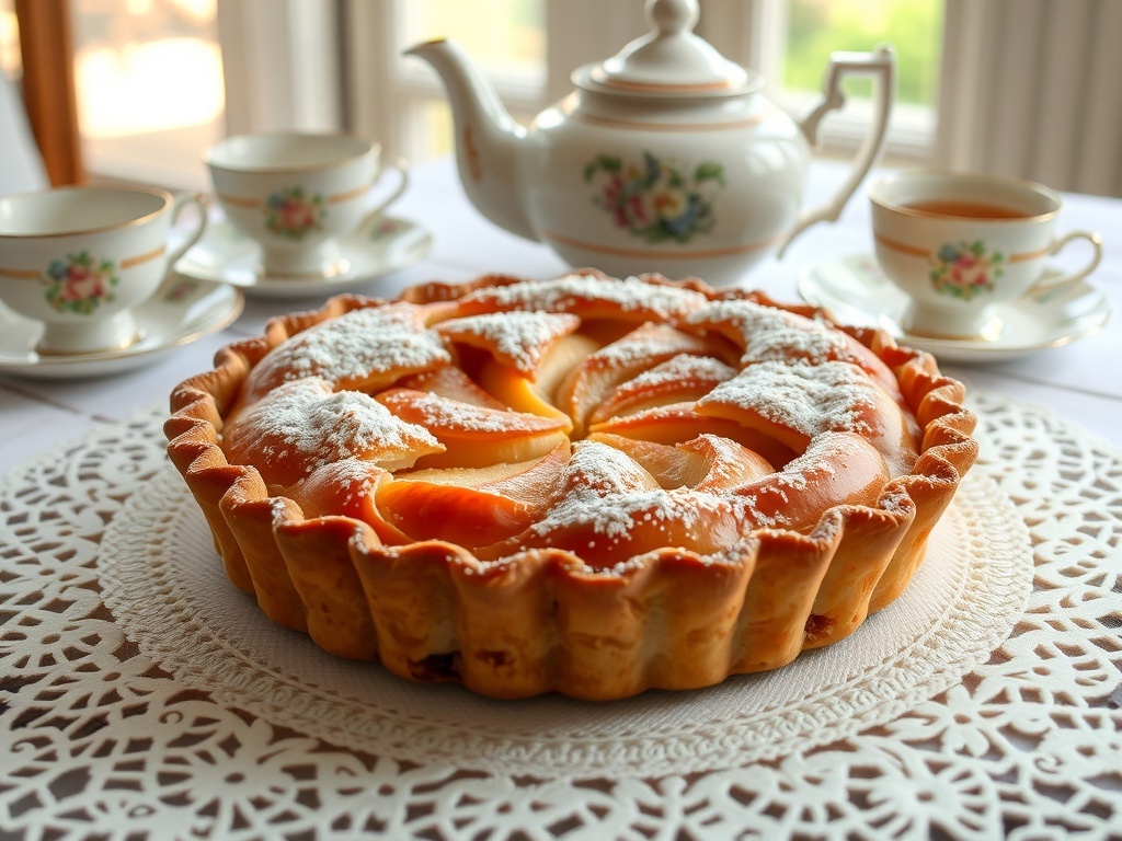 A golden apple tart on a lace tablecloth, surrounded by tea cups and a teapot, evoking a Regency tea party.